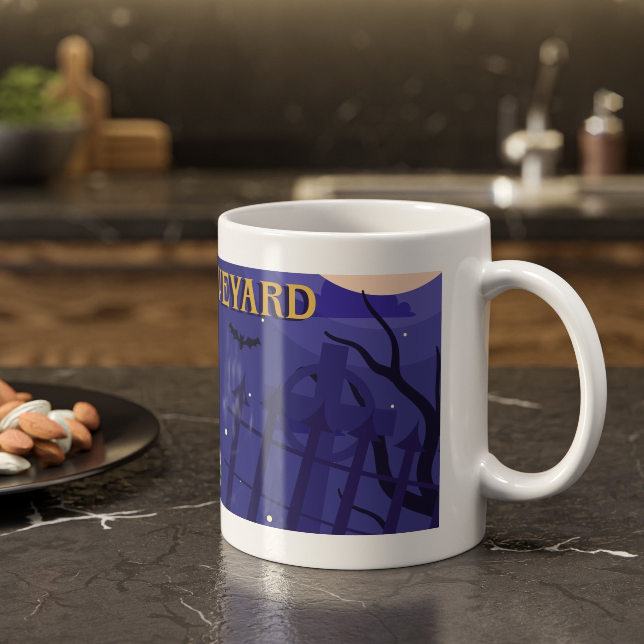 Creepy Graveyard Halloween | Mummy, Tombstone, and Full Moon | White Ceramic Mug